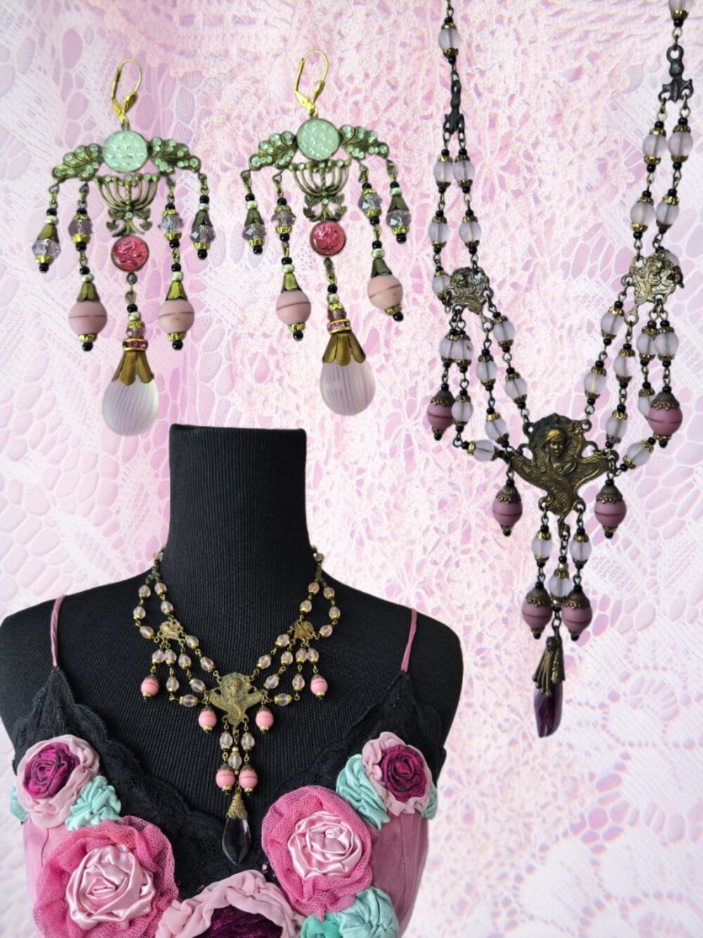 Vintage Art Nouveau Style Pink Crystal Necklace & Earring Set Romantic Coquette
